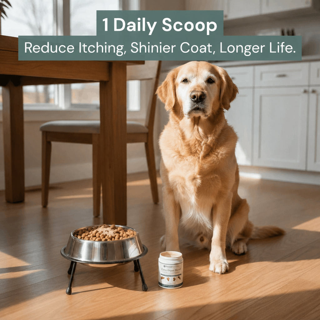 Calm Organ Blend with dog and food bowl